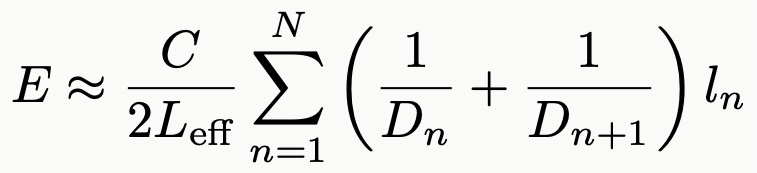 E ≈ (C / 2L_eff) Σ (1/D_n + 1/D_{n+1}) l_n